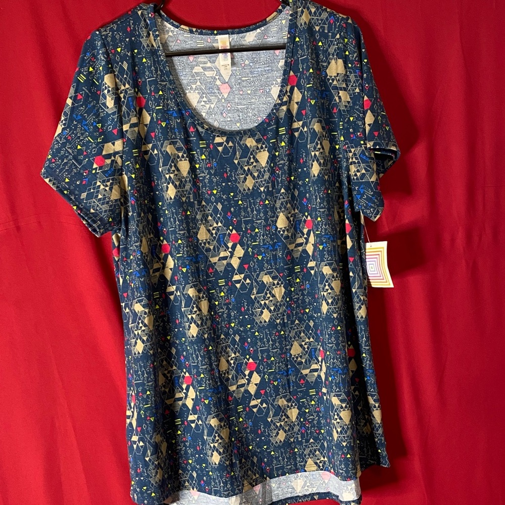 LuLaRoe Blue and Gold Geometric Short Sleeve Tee